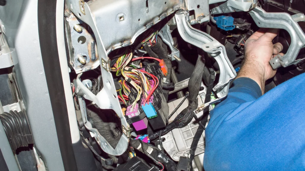 Zdjęcie przedstawia ręce mechanika, który szuka czegoś w przewodach jakieś wiązki.