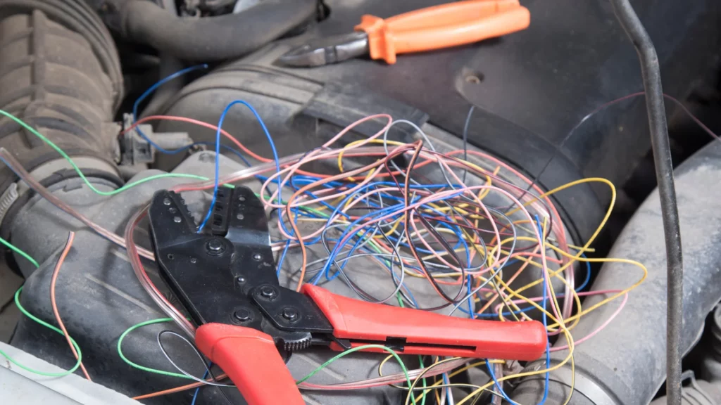 Zdjęcie przedstawia widok na kable i narzędzia do ich obrabiania.