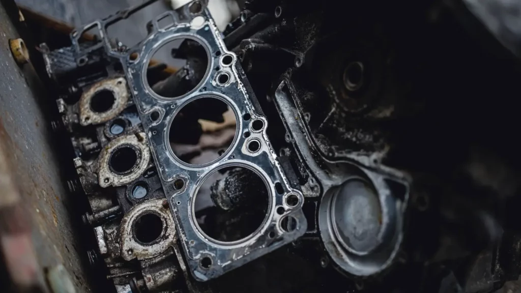 Przed regeneracją głowicy w Moto Serwis Dzierżoniów usuwamy zużyte elementy, takie jak uszczelki, które mogą wpływać na szczelność i sprawność silnika. Na zdjęciu widać zdemontowaną uszczelkę głowicy, gotową do wymiany na nową, co zapewni prawidłową pracę jednostki napędowej.