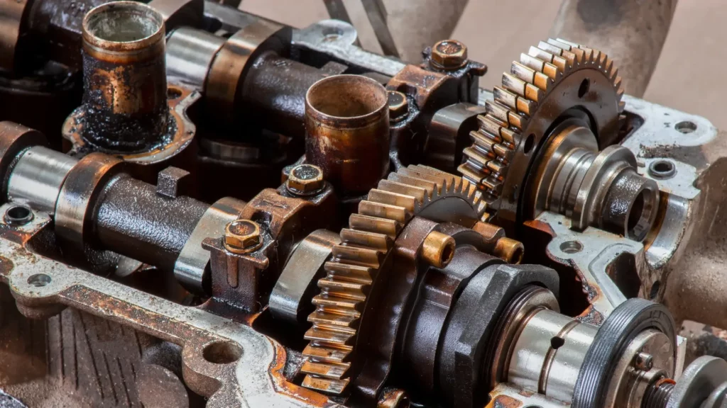 Rzut z góry na wałki rozrządu – kluczowy element silnika w trakcie wymiany.